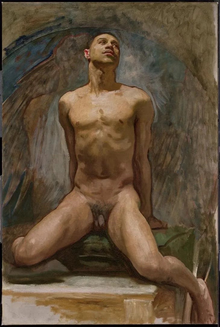 painting of nude olive skinned male with short cropped har, he's balanced precariously with his legs spread and arms behind his back; he'l looking forlornly off to the side