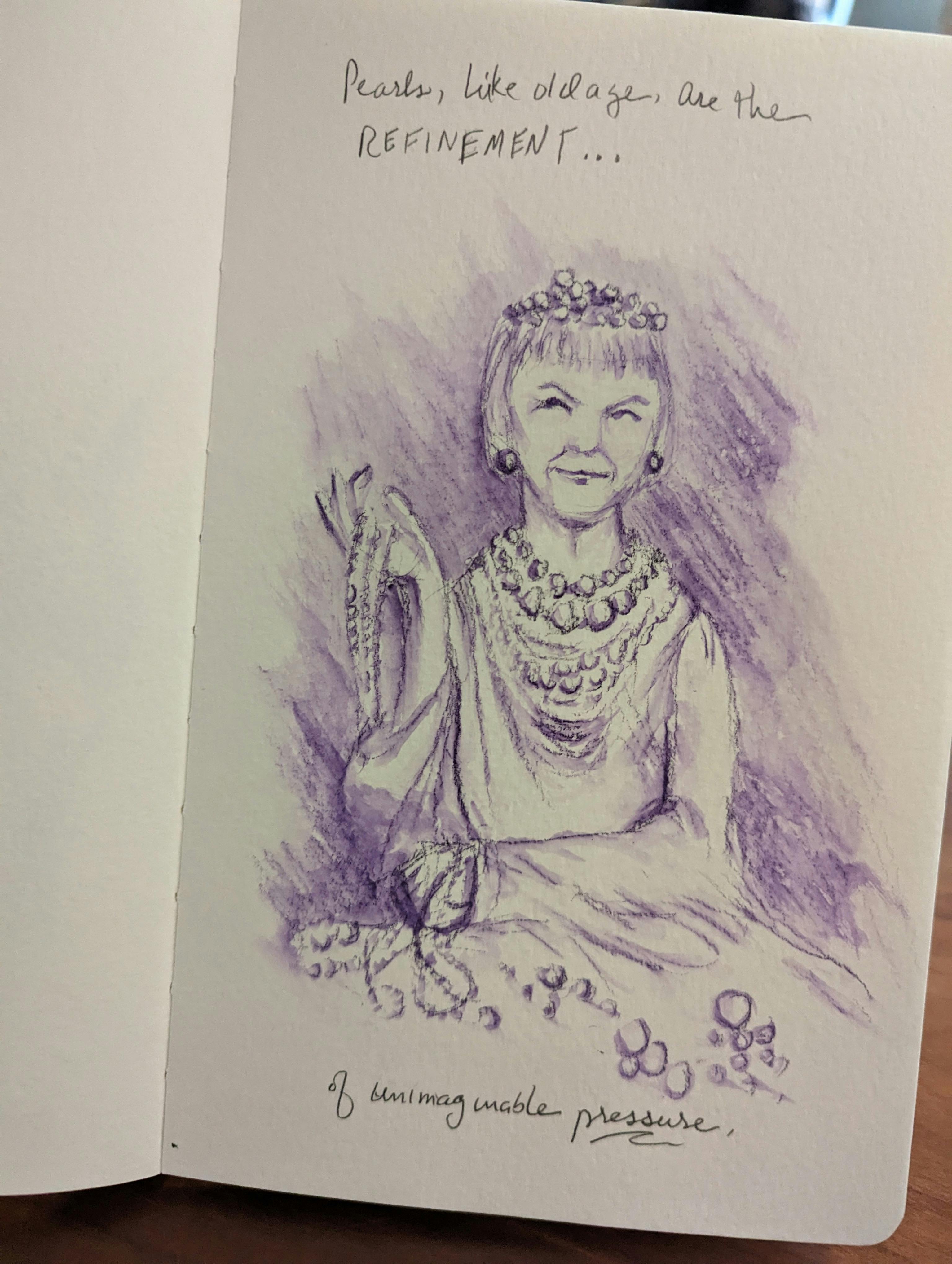 inkwash sketch of an elderly woman festooned with pearlss