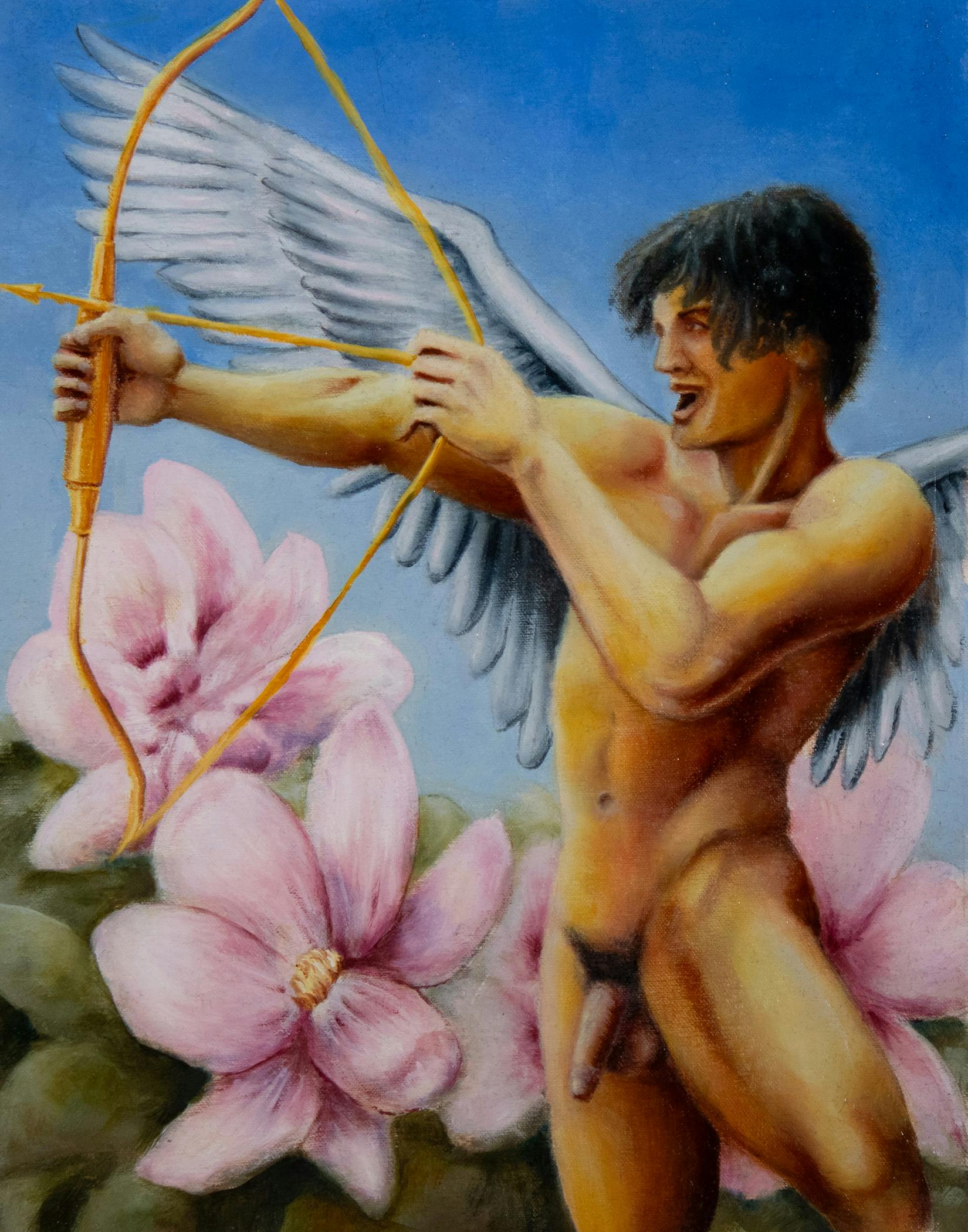 oil painting of muscular, nude, male angel against a pristine blue sky, graced by large magnolia blossoms. he's grinning impishly and aiming a golden bow and arrow at an unseen target