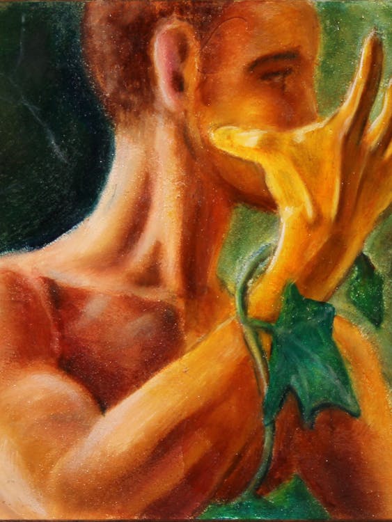 painting of shirtless male staring off into the distance, surround by ivy
