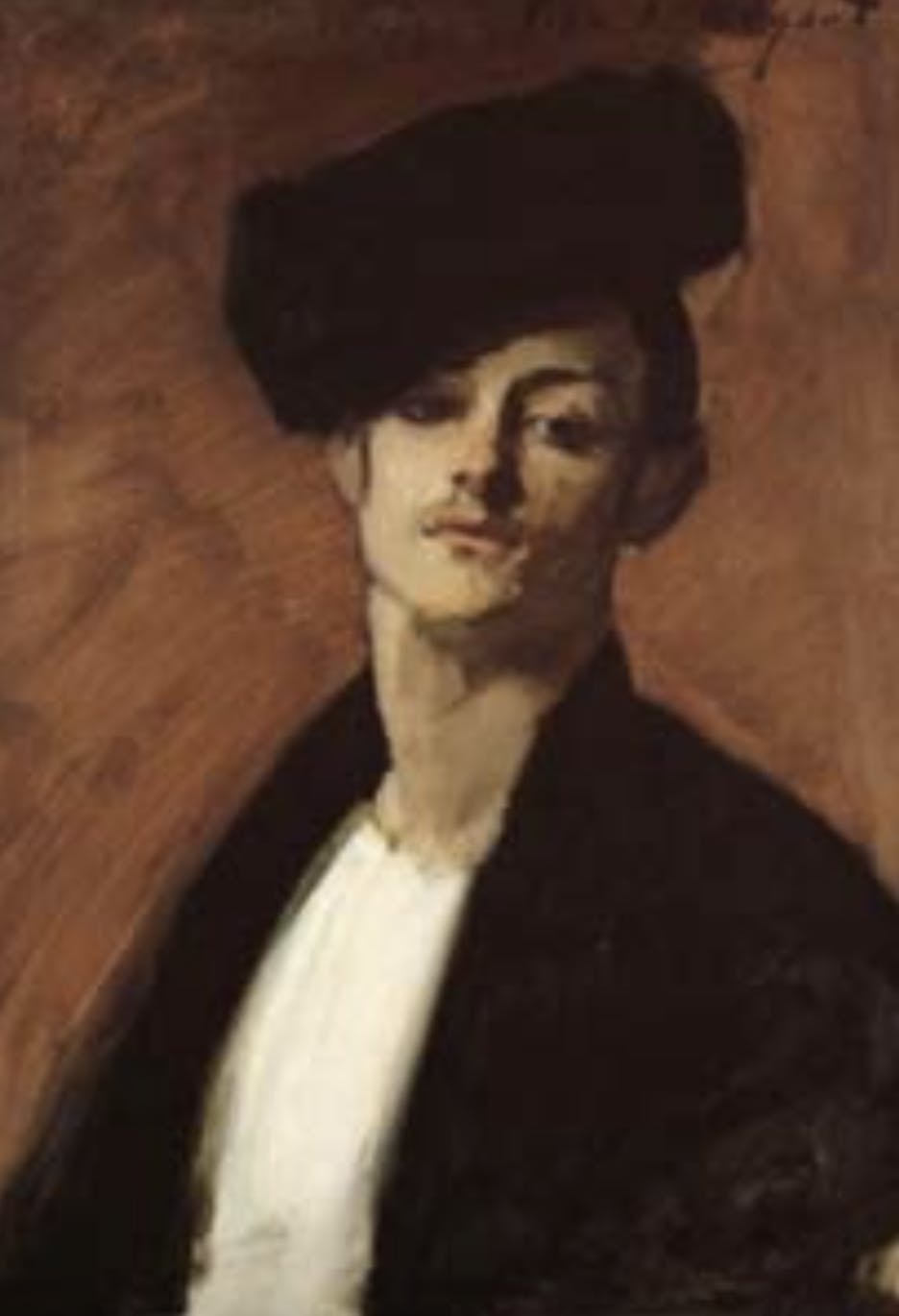 portrait painting of elegant young man in fur hat