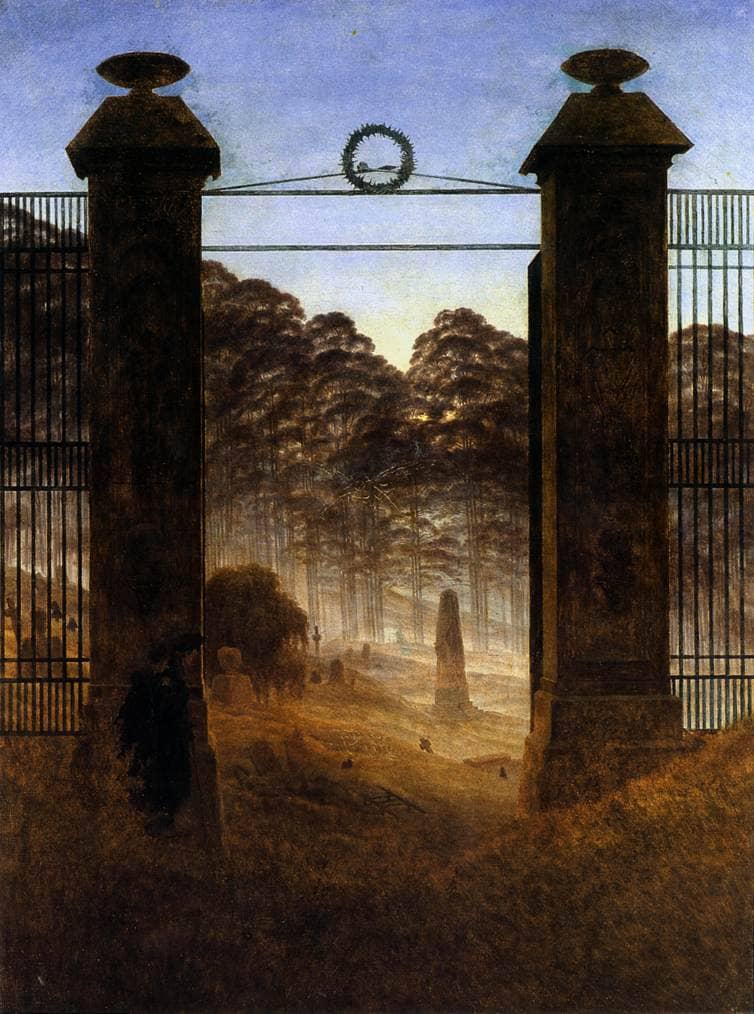 painting of a foreboding gate leading to a gently lit wooded area off in the distance