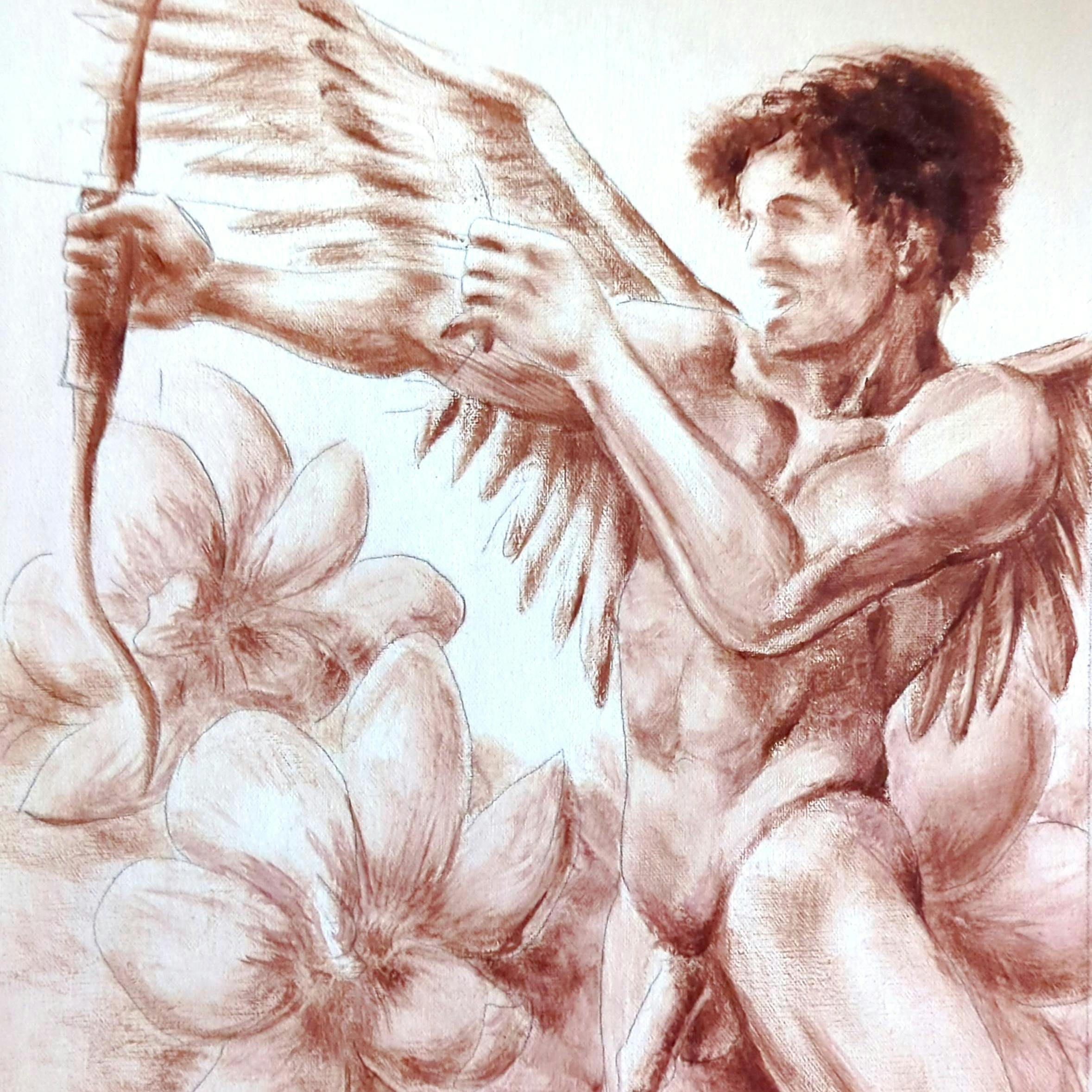 first progress shot of an oil painting, this is the monochrome first layer; the painting depicts a muscular, nude, male angel against a pristine blue sky, graced by large magnolia blossoms. he's grinning impishly and aiming a golden bow and arrow at an unseen target