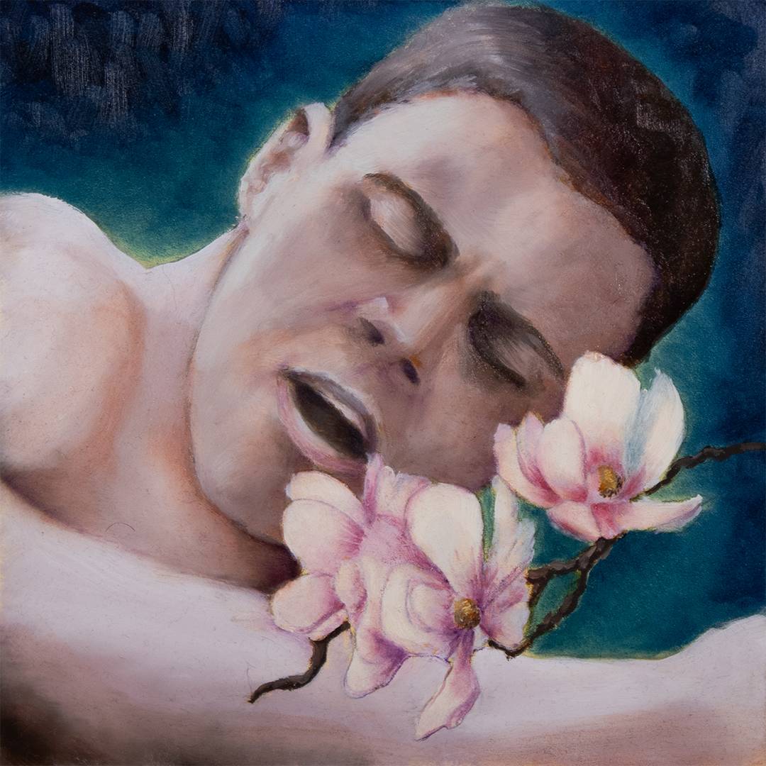 oil painting of handsome young man's face in throes of pleasure, graced by large blushing pink magnolia blossoms in the foreground