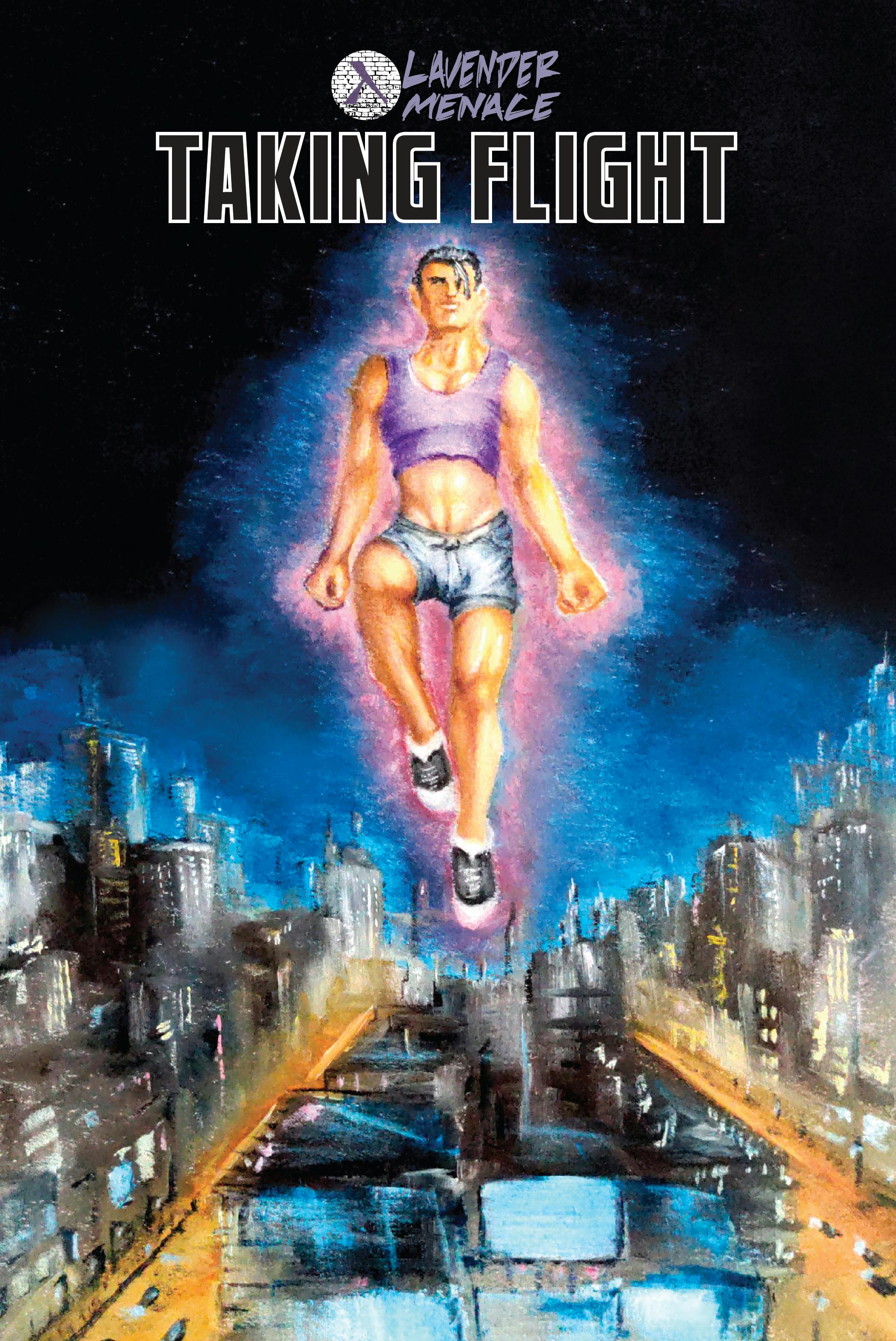comic book cover with sexy young man flying above the NYC skyline at night