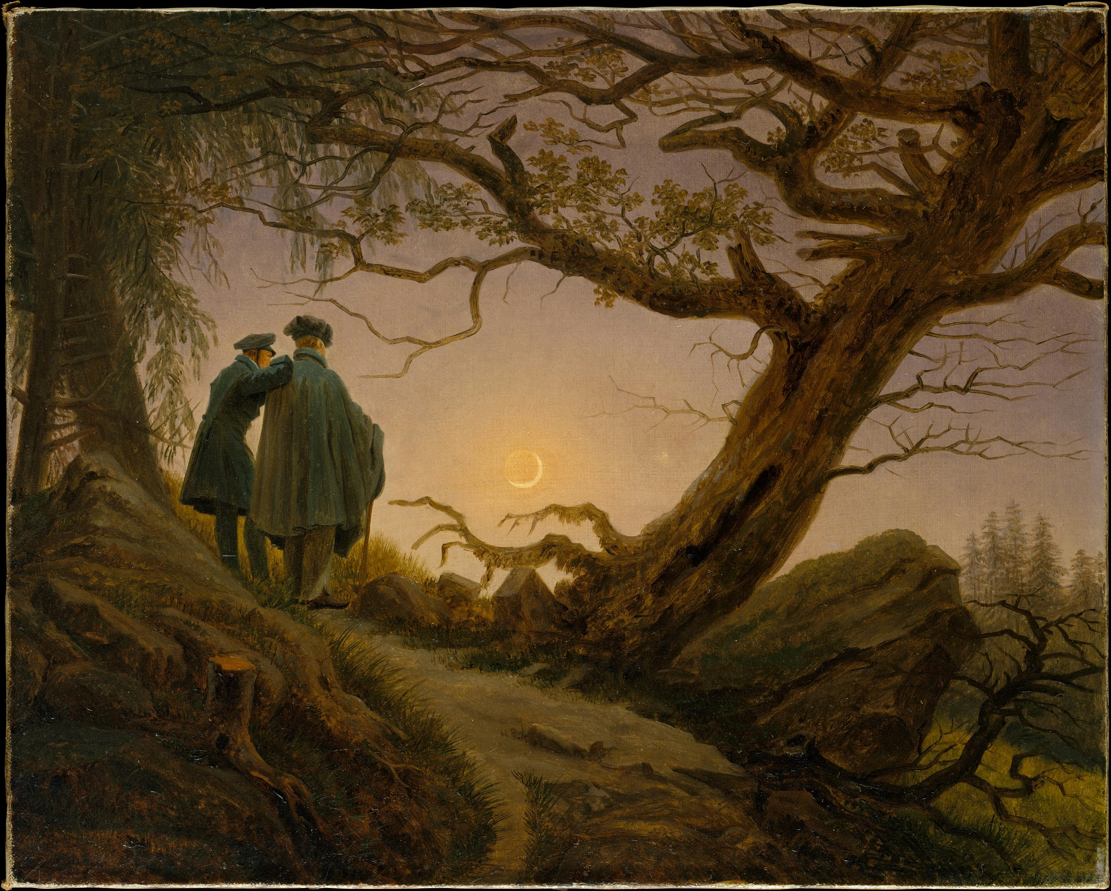 painting of somber moonlit forest and two men contemplating the soft glow of the rising moon off in the distance