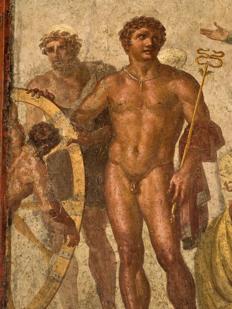fresco of a hunky naked apollo