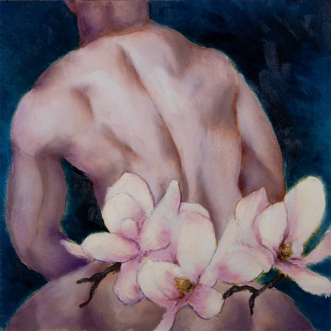 a naked male torso, from behind, against a dark blue background. large, blushing pink magnolia blossoms cover his butt