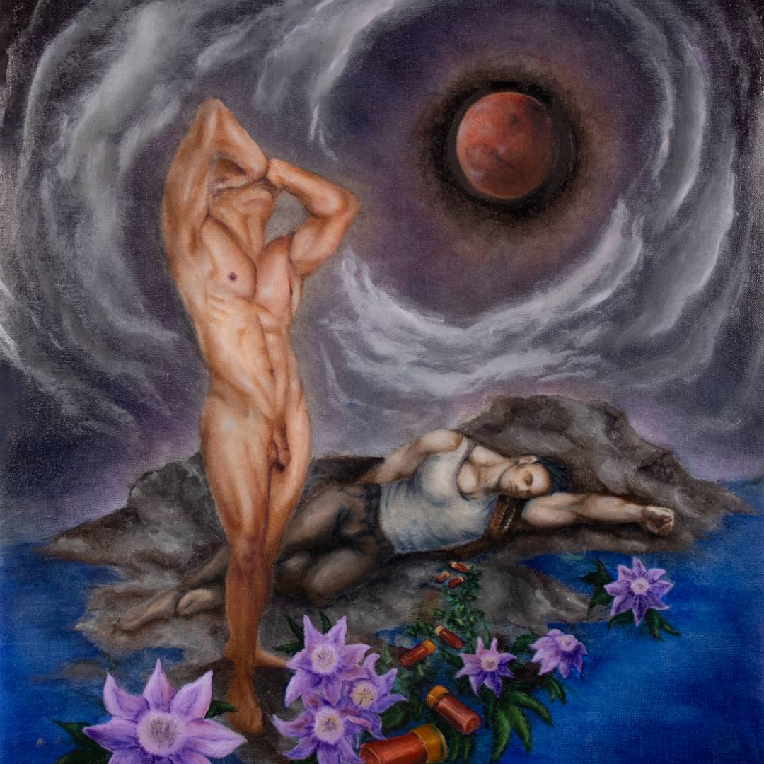 painting of male nude against a dramatic sky