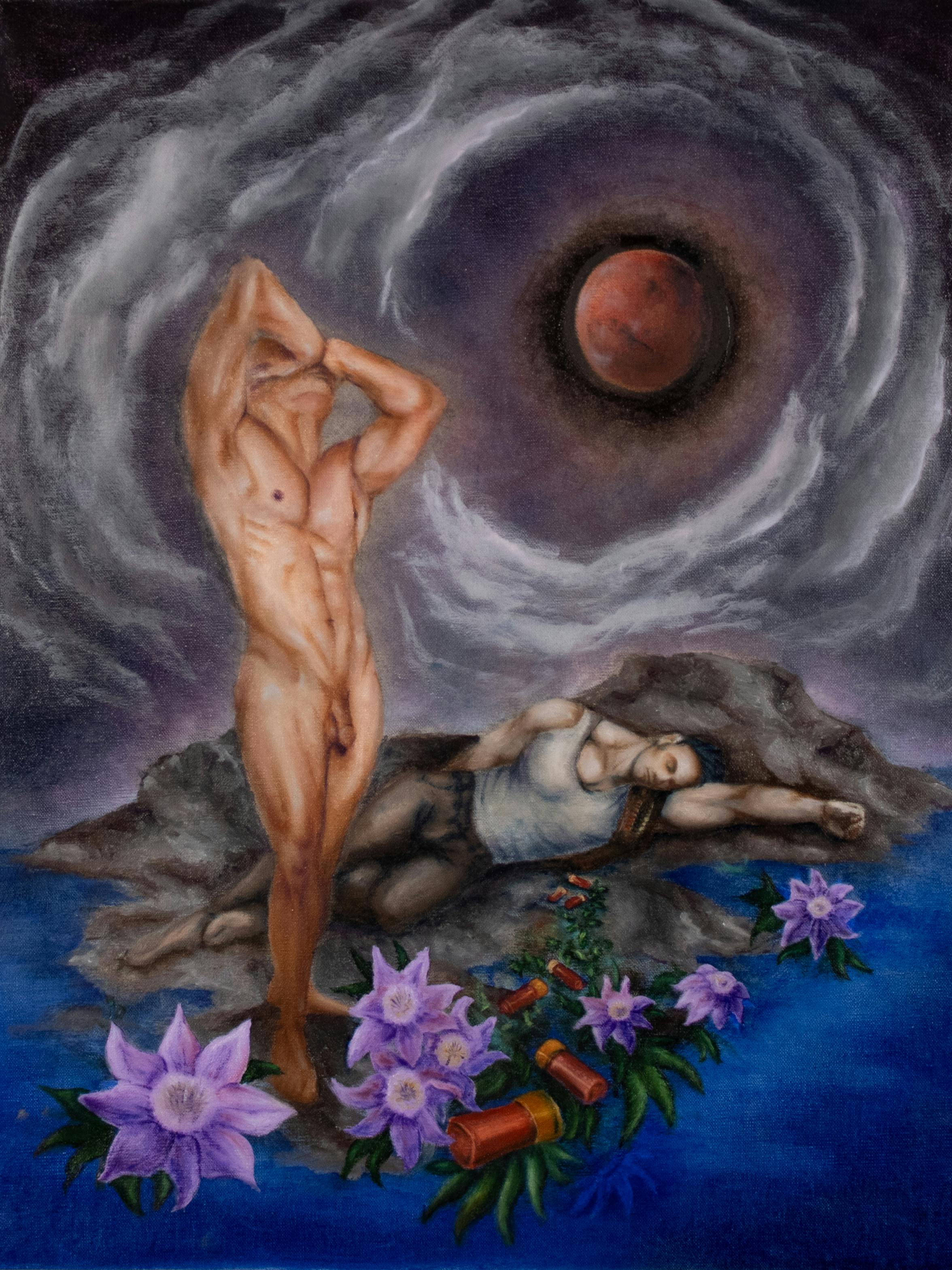 painting of nude male surround by swirling clouds and flowers