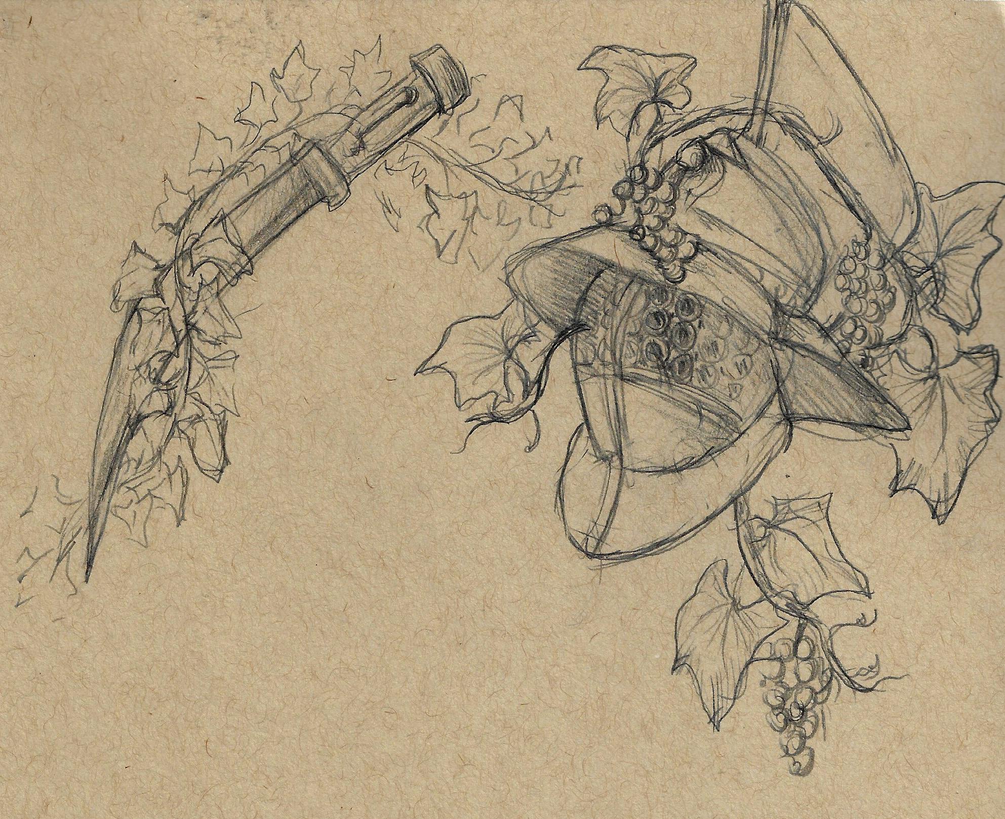 sketch of gladiator sword and helmet being overcome by vines