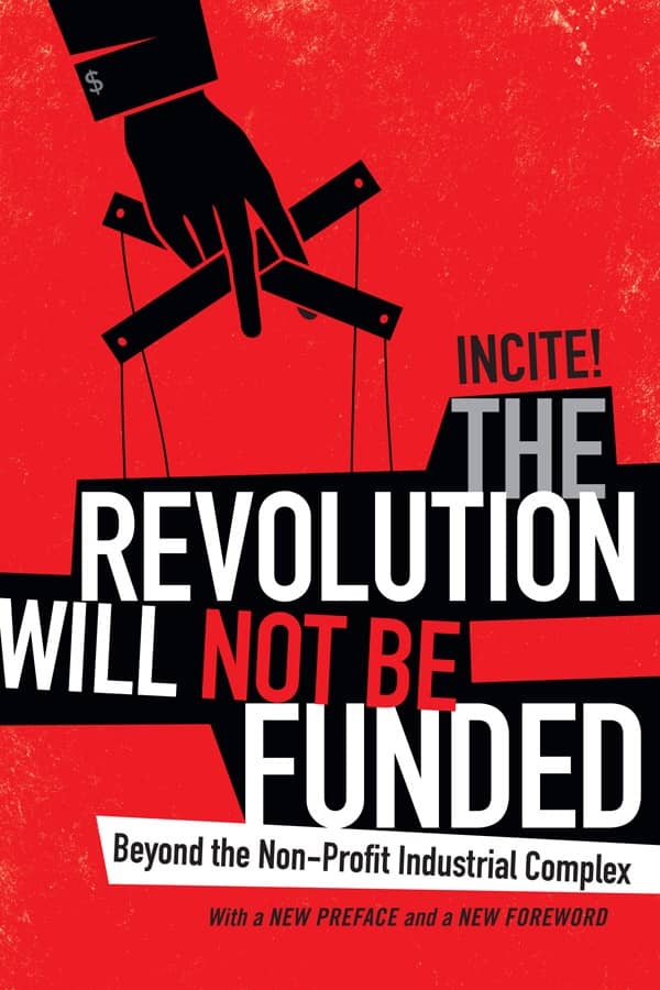 book cover for the revolution will not be funded; bright red with stark white letettering and and an image of a hand holding the strings of a puppet