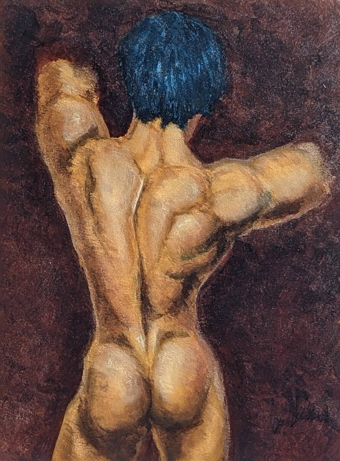 painting of nude, muscular male torso, from behind