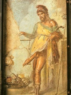 fresco of the god priapus weighing his enormous memeber