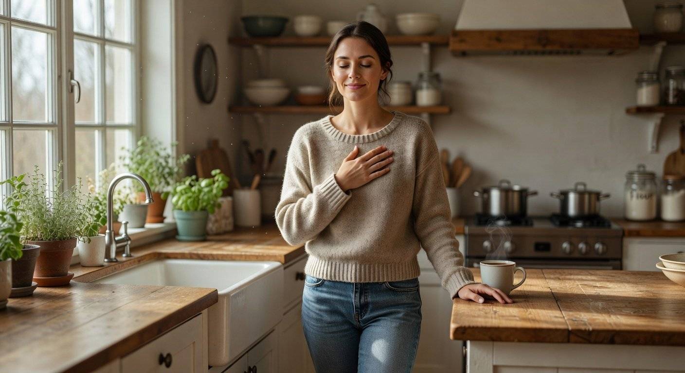 A woman standing in the kitchen taking a moment to pause.