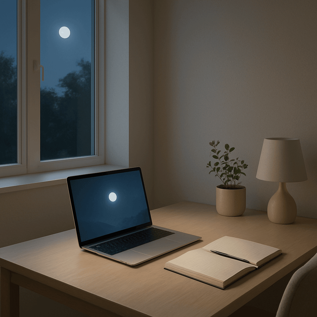 A laptop showing a moon, sitting on a desk by a window facing the night sky.