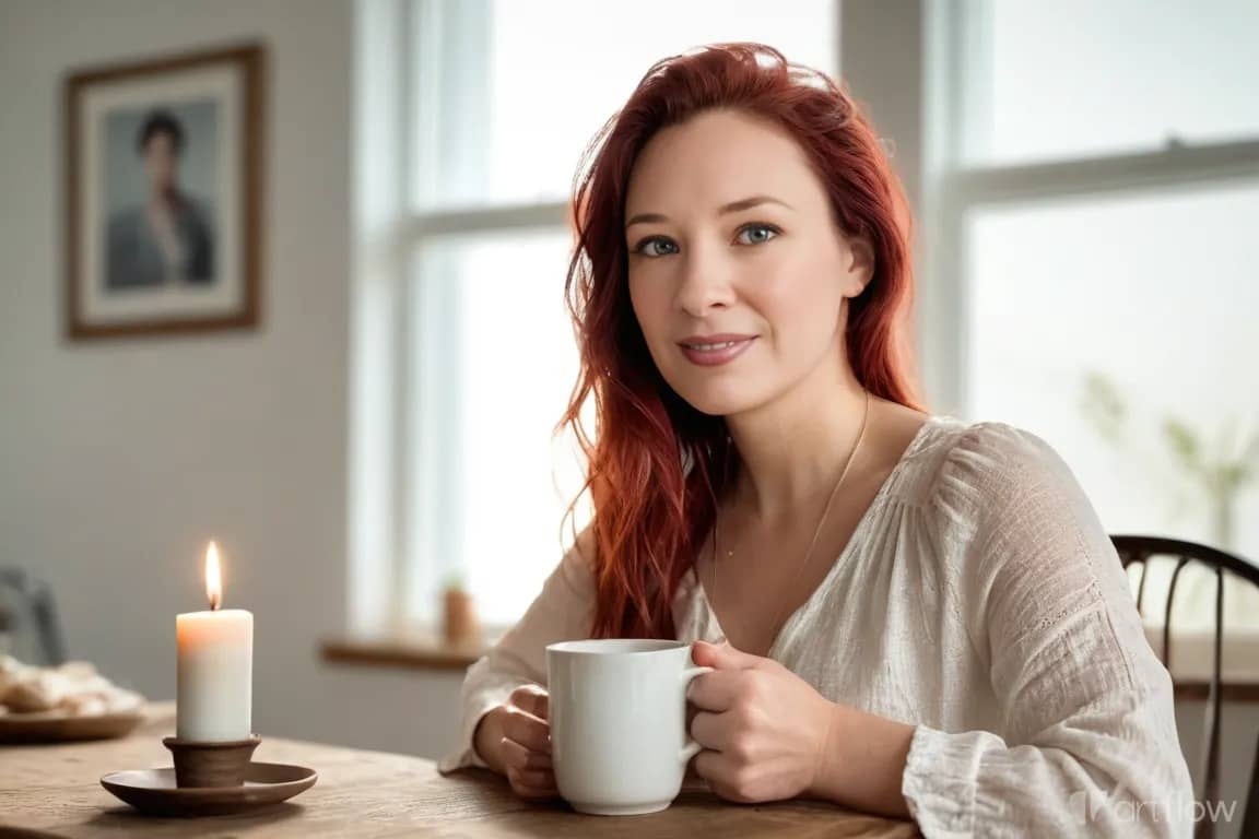 A woman holding a mug and sitting at a simple wooden table