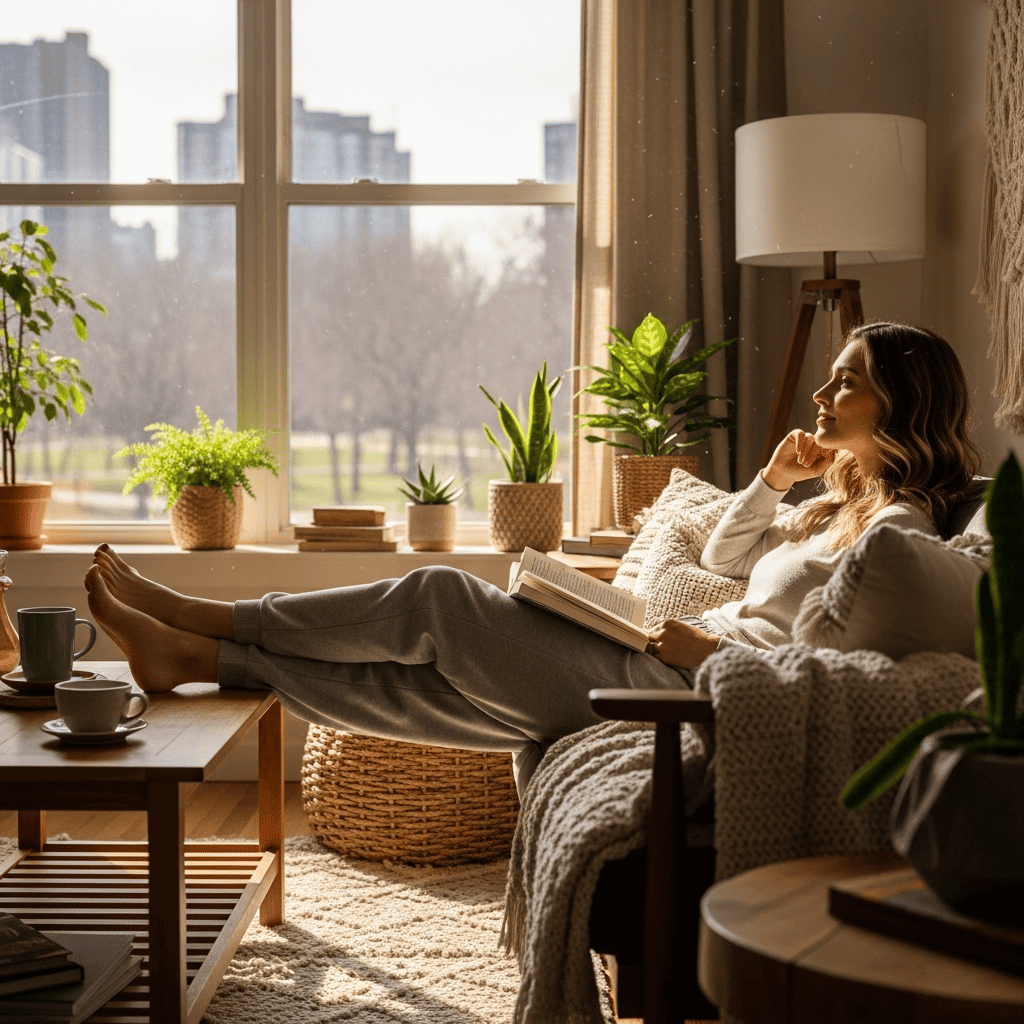 A woman relaxing on her couch