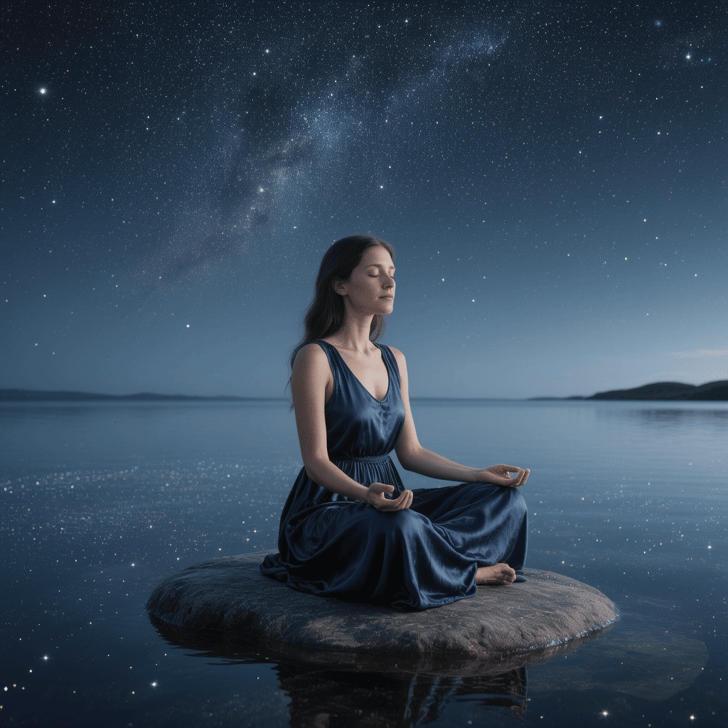 A woman sitting peacefully under a new moon sky.