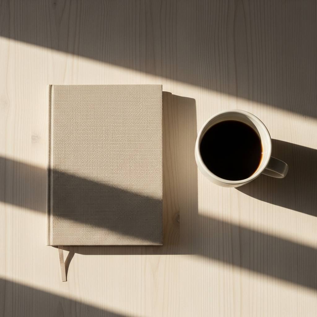 A flatlay of a journal and a cup of coffee