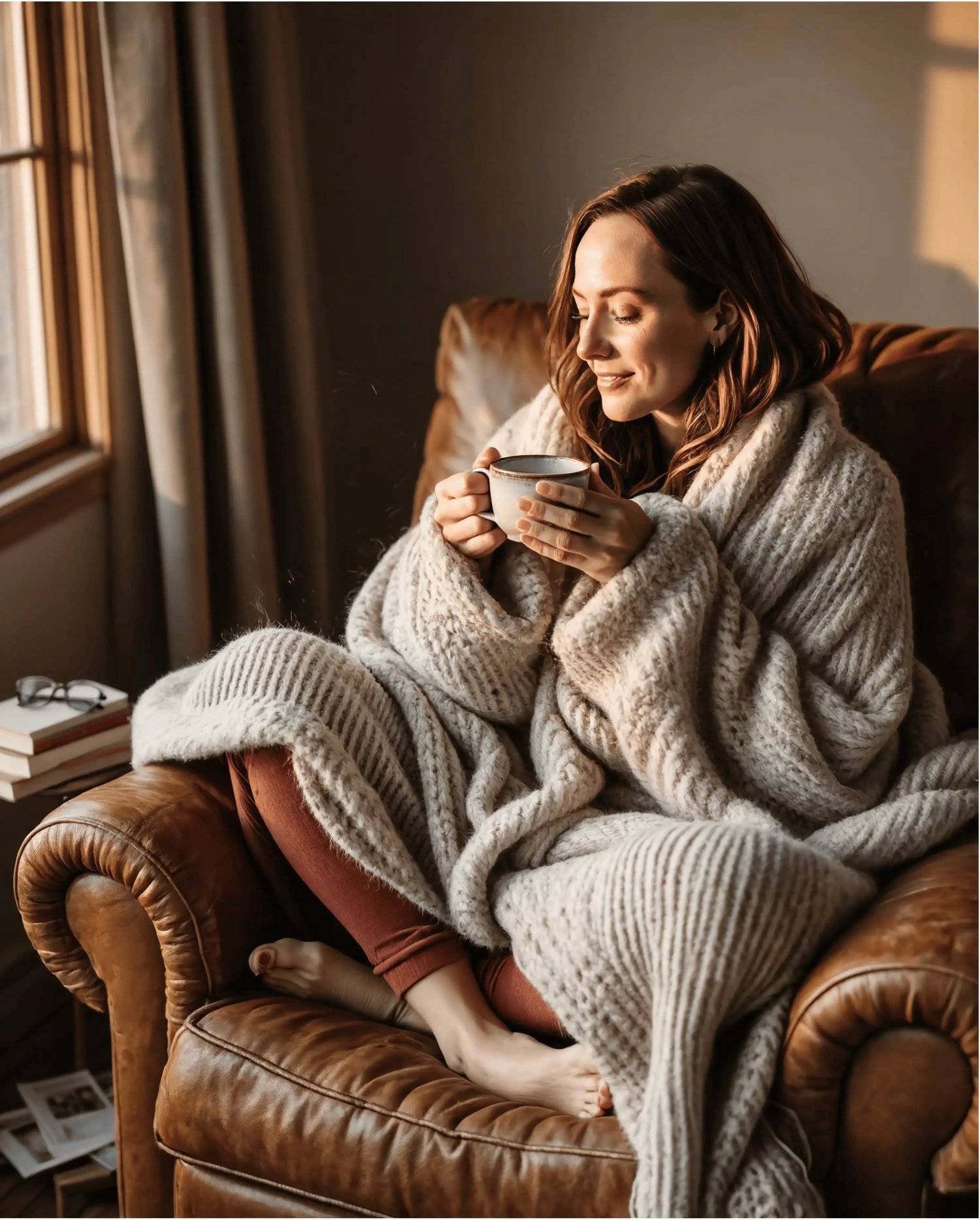 A woman sitting in a cozy chair drinking a hot drink.