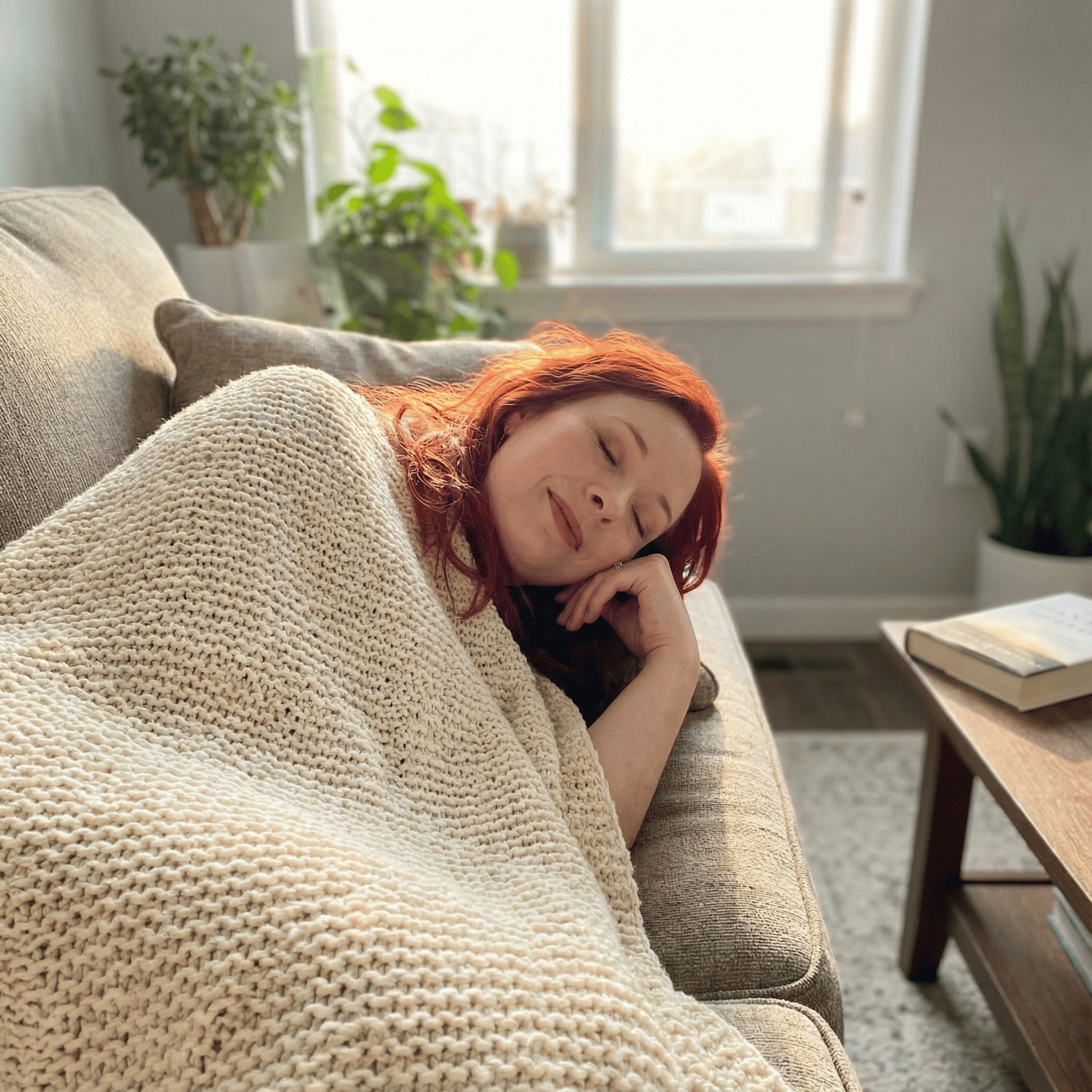 A woman resting comfortably on her couch.