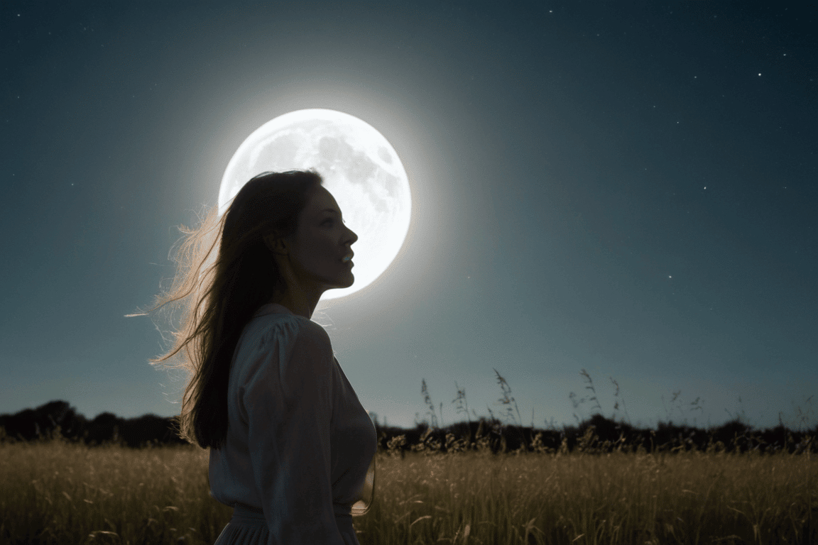 A woman standing under the full moon