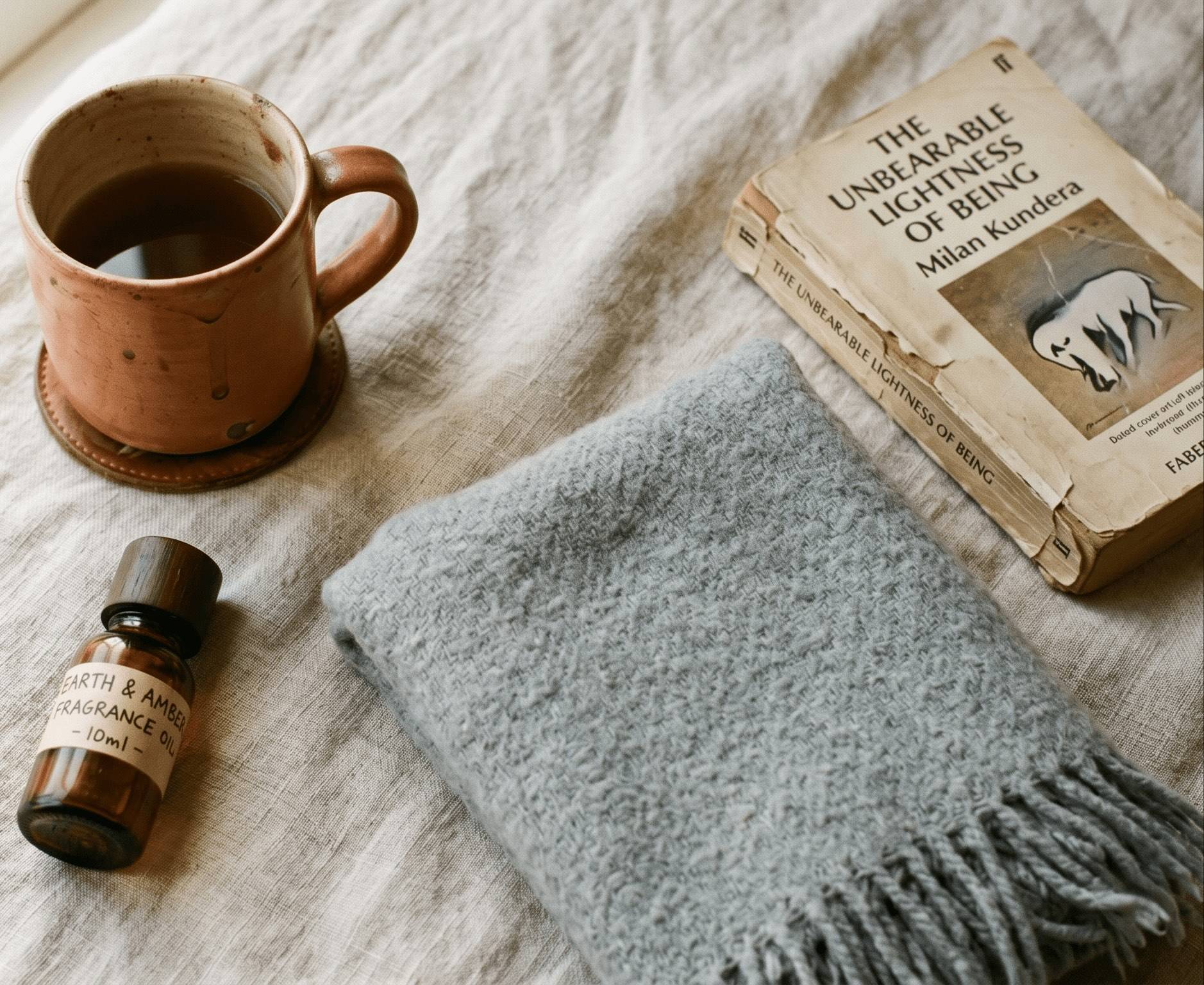 A collection of items that create comfort - a book, a cup of coffee, a blanket