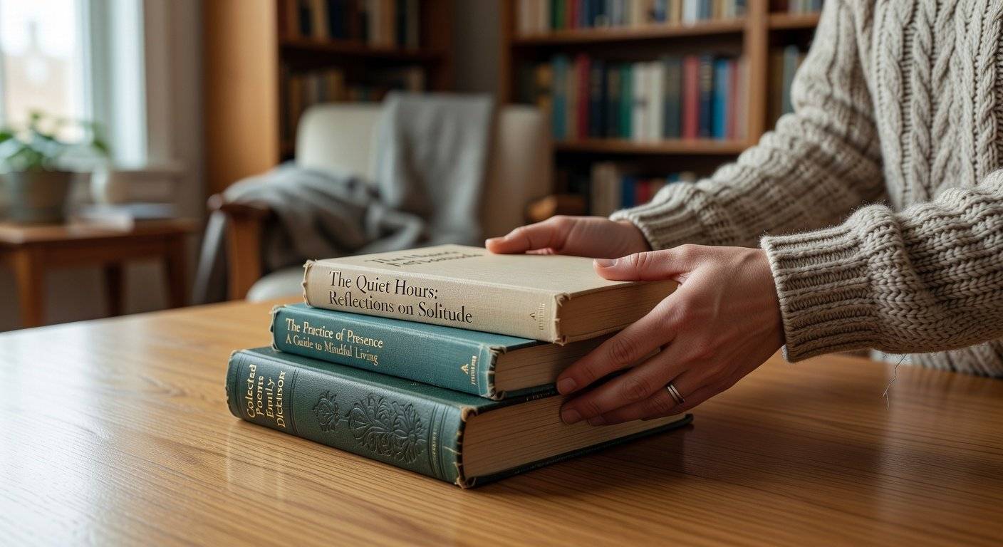 Hands arranging books on a clean table.
