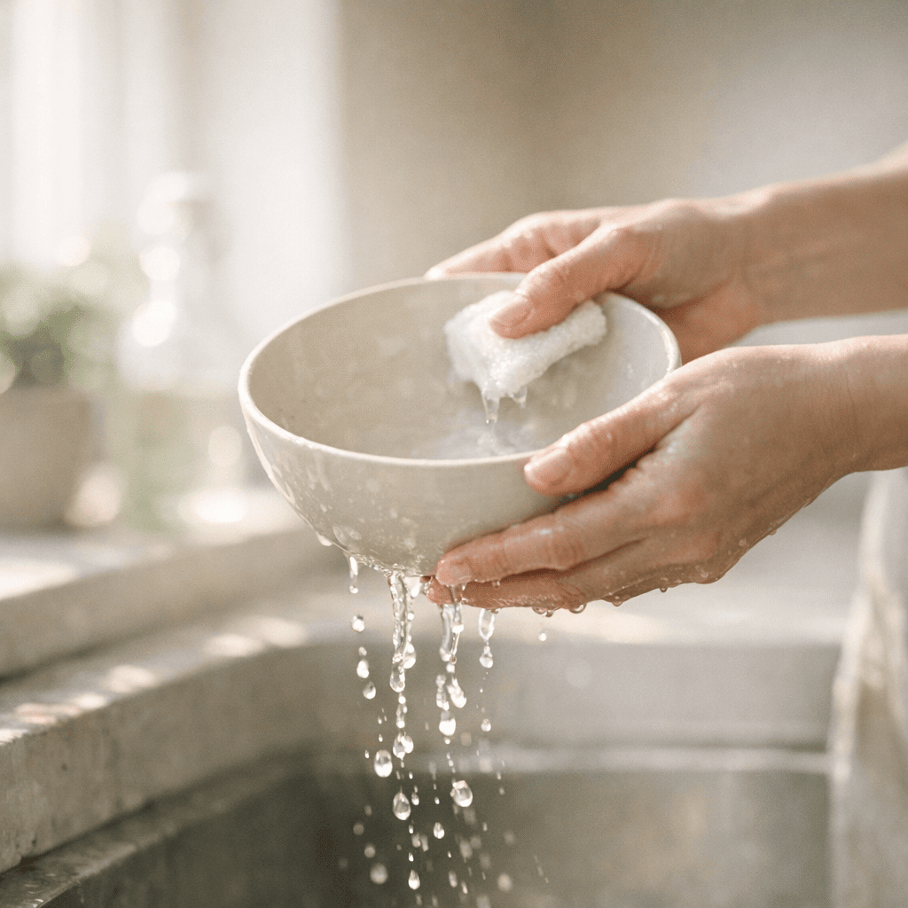 hands washing a simple ceramic bowl