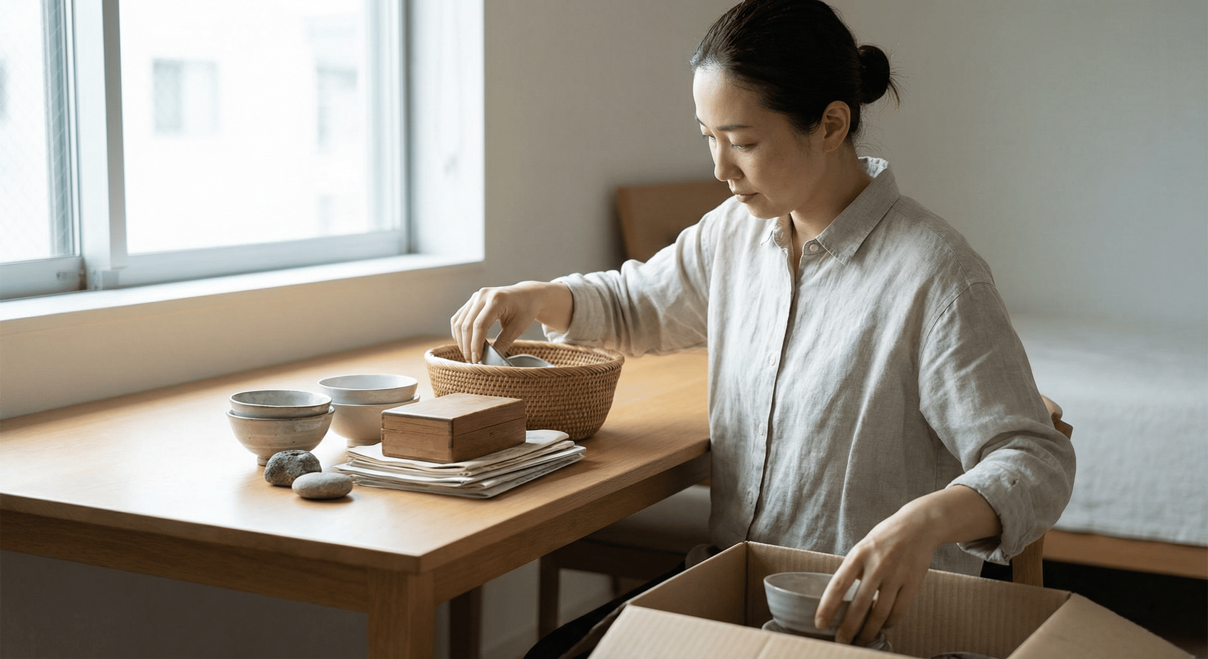 A woman sorting items