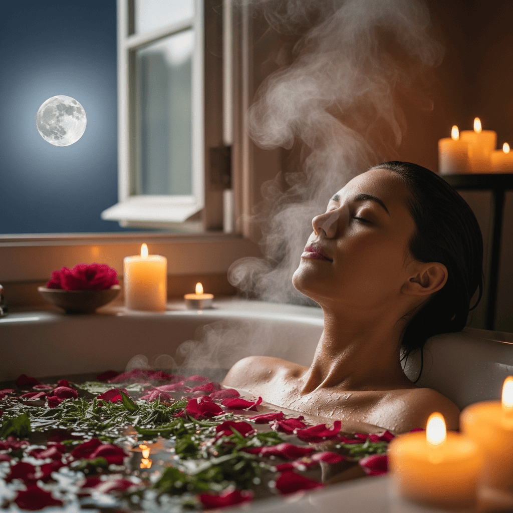 A woman relaxes in a warm bath full of rose petals and herbs under a full moon