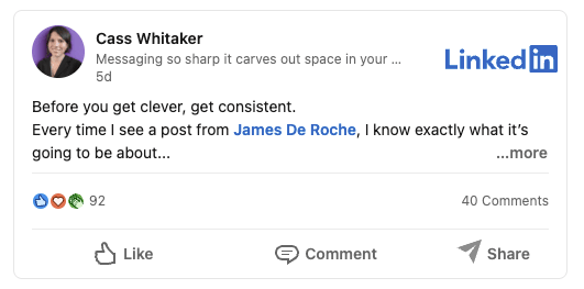 Screenshot of LinkedIn post about James De Roche