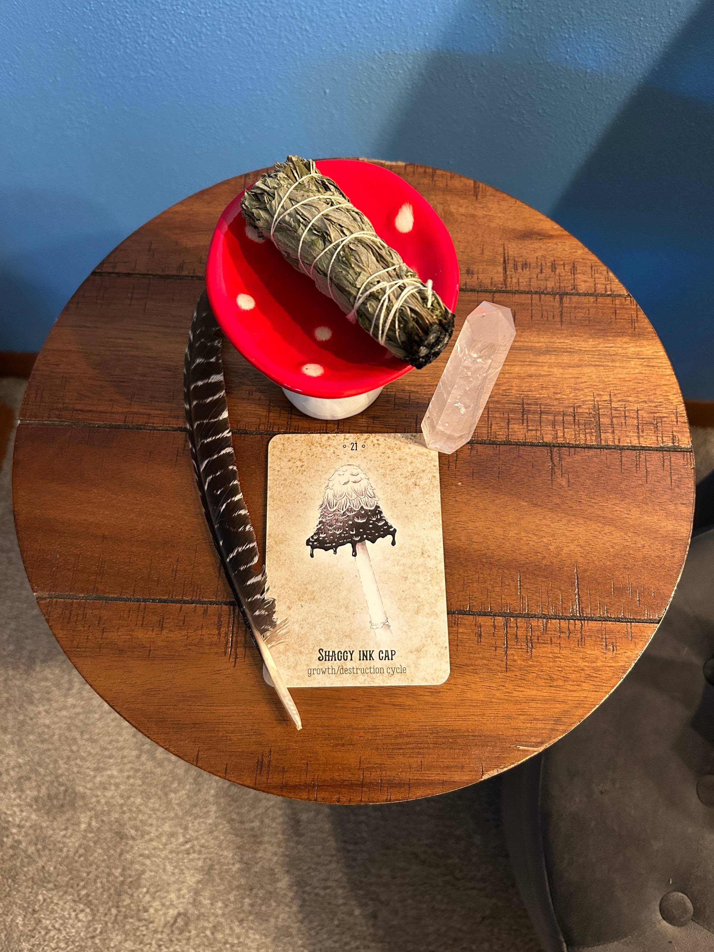 A picture of the shaggy ink cap oracle card sitting on a small round table, surrounded by a crystal, a feather, and a mushroom stand with a bundle of mugwort on it.