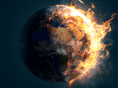 An illustrated picture of the planet, which is partially consumed by flames