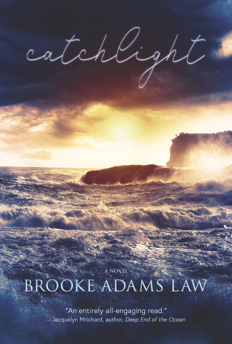 The cover of Catchlight has the title in cursive against an image of a stormy sea with light breaking over the rugged coastline.
