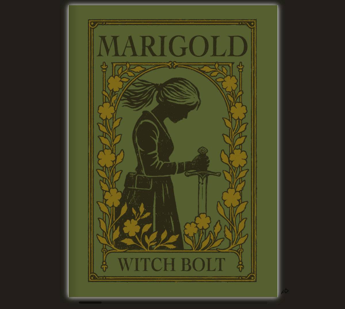 The cover features a silhouette of a woman holding a sword. She is framed by golden flowers. The cover is designed to look like that of an old book.