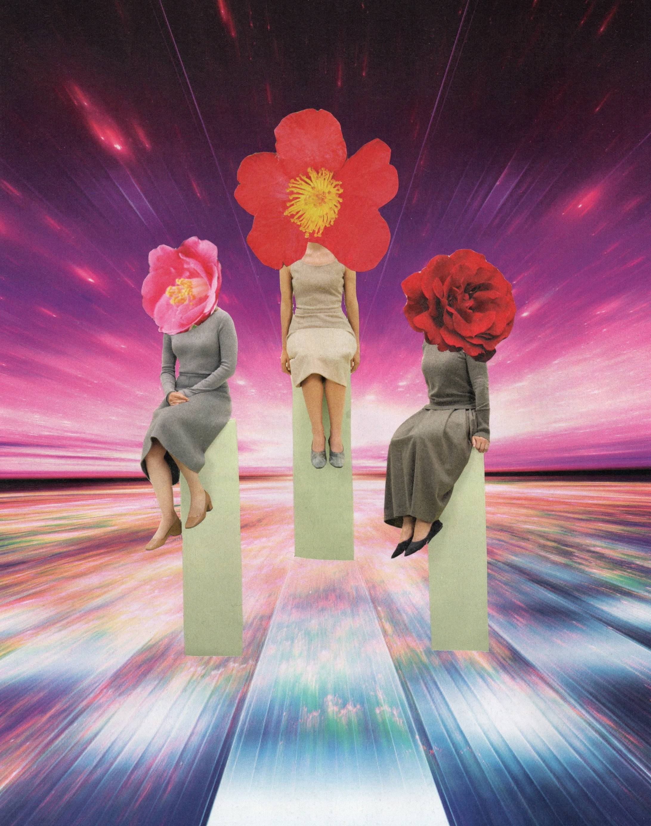 Magazine collage featuring three figures with flowers for heads sitting on pedestals. The background is a sky with streaks of light moving across it toward a point in the distance.