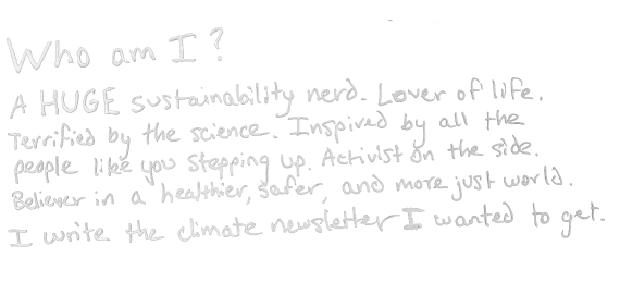 Who am I? A huge sustainability nerd. Lover of life. Terrified by the science. Inspired by all the people like you stepping up. Activist on the side. Believer in a healthier, safer, and more just world. I write the climate newsletter I wanted to get.