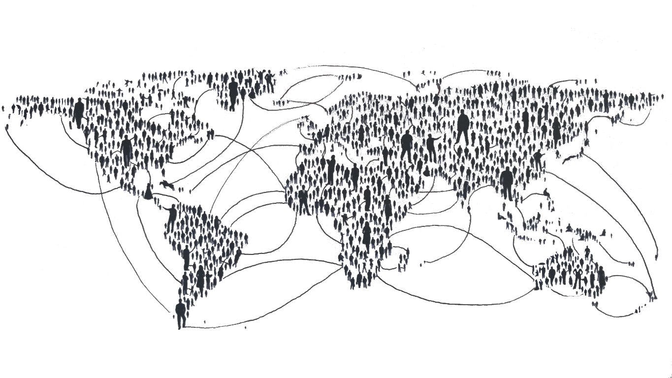Crowdsourcing Sustainability - people making up a world map connected by lines.