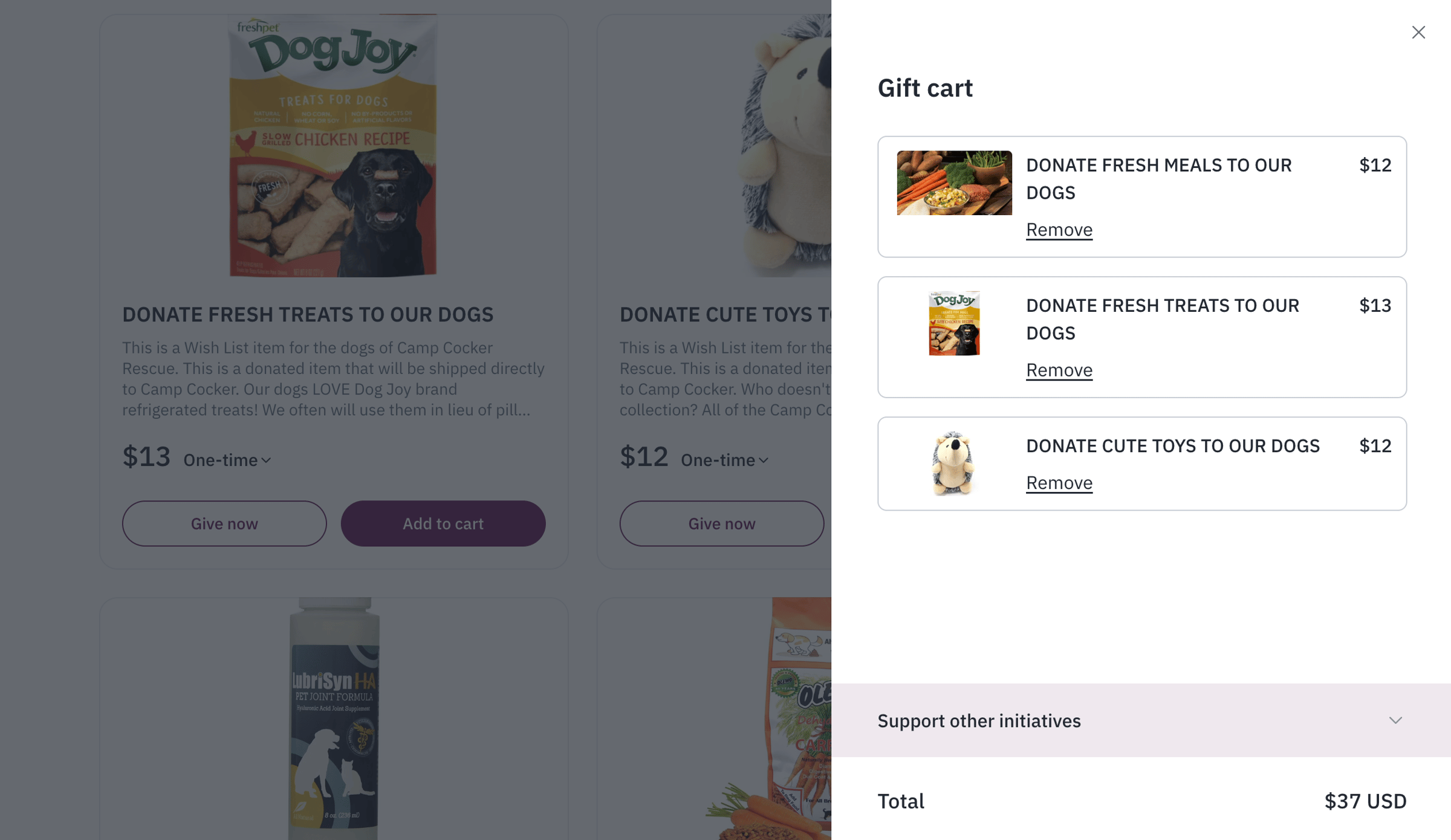 Screenshot of the shopping cart from Fundraise Up's gift cart feature