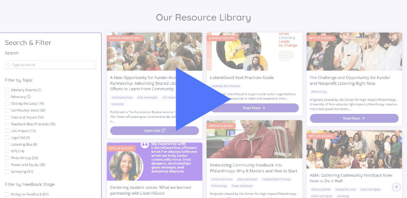 Screenshot of the Listen4Good resource library, with a video play button overlay