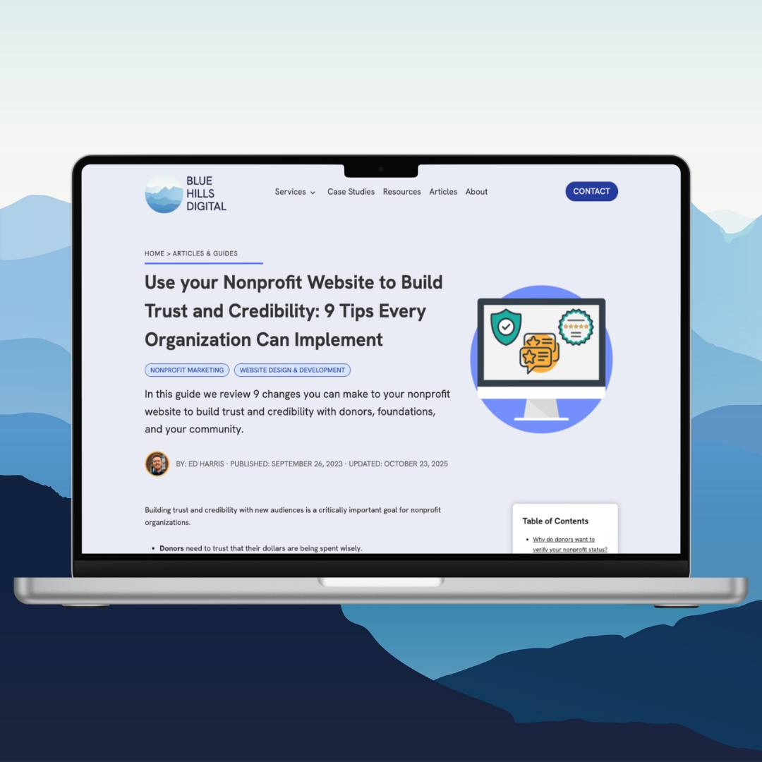 Screenshot of the article "Use your Nonprofit Website to Build Trust and Credibility: 9 Tips Every Organization Can Implement" on the Blue Hills Digital website.