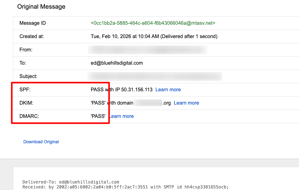 Screenshot showing where to check for email authentication in the original view of an email message in Gmail