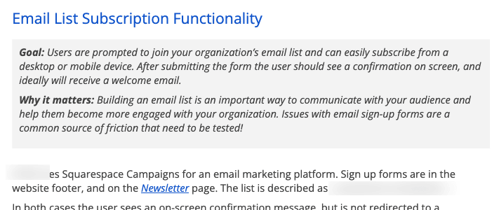 Screenshot from the report, with copy that reads: Email List Subscription Functionality: Goal: Users are prompted to join your organization’s email list and can easily subscribe from a desktop or mobile device. After submitting the form the user should see a confirmation on screen, and ideally will receive a welcome email. Why it matters: Building an email list is an important way to communicate with your audience and help them become more engaged with your organization. Issues with email sign-up forms are a common source of friction that need to be tested!