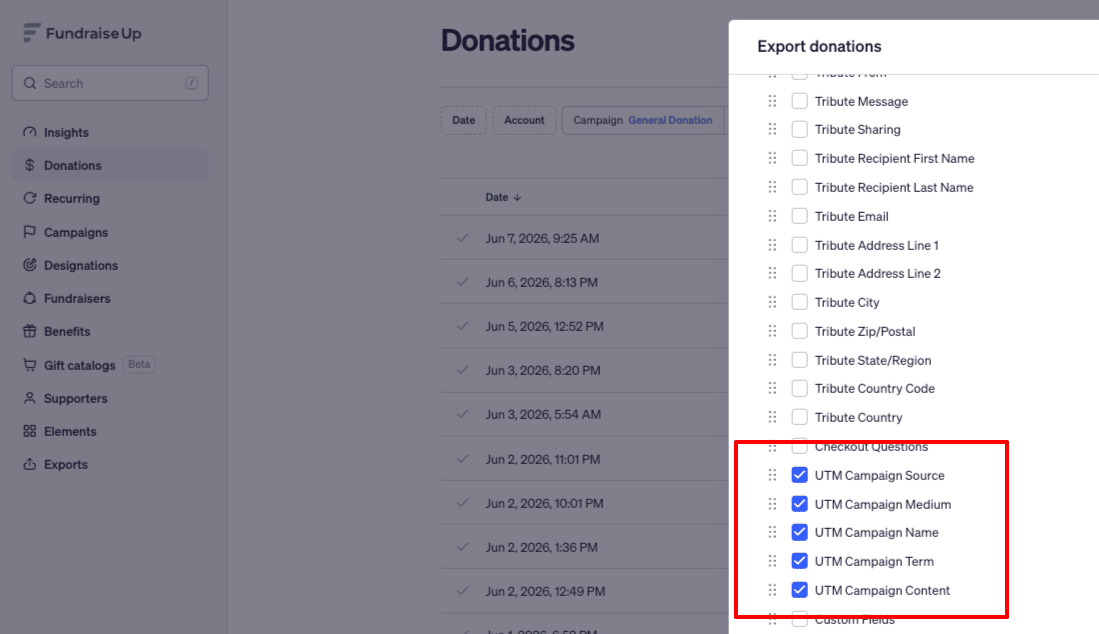 Screenshot from the FundraiseUp donation data export screen, with UTM fields highlighted
