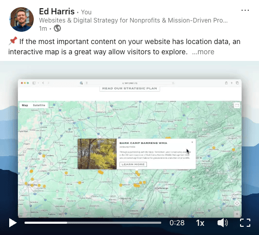 Screenshot of a LinkedIn post that includes a video demo of the TennGreen projects map