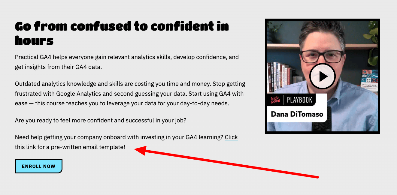 Screenshot of the landing page for the Practical GA4 Course, with a red arrow pointing to the link to a pre-written email template mentioned above.