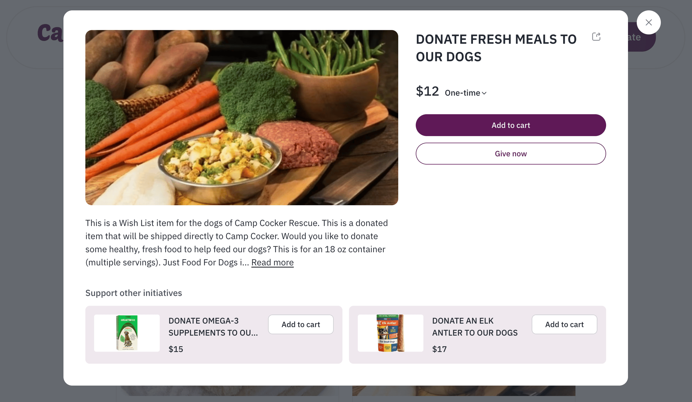 Screenshot of the product detail card from Fundraise Up's gift cart feature