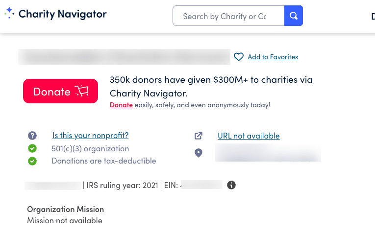 Screenshot of an unclaimed Charity Navigator profile, soliciting donations